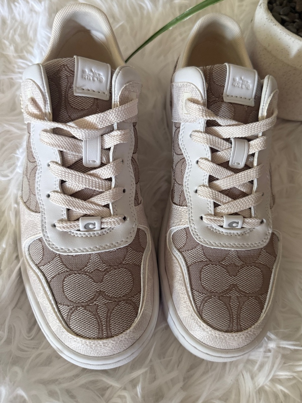 Coach Kids Logo-Print Sneakers in Beige and Cream
